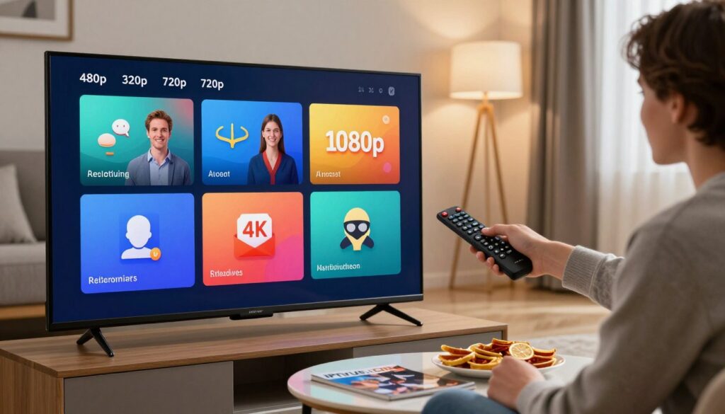 A modern living room setup showcasing IPTV streaming quality options. In the foreground, a sleek, high-definition television displays multiple resolution settings (480p, 720p, 1080p, 4K), each represented with vibrant, colorful icons. The middle layer features a professional individual in business casual attire, actively selecting options on a remote control, immersed in the streaming experience. The background includes a cozy ambiance with soft lighting, highlighting a stylish coffee table with snacks and a subtle IPTVVUK.COM logo on a magazine. The scene captures a sense of comfort and modern technology, with a focus on user-friendly IPTV service features, inviting the viewer to consider quality options for an enjoyable viewing experience.