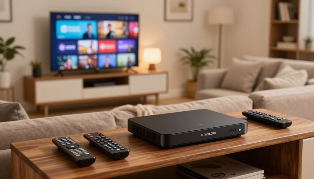 A modern living room showcasing a stylish IPTV Freeview UK setup. In the foreground, a sleek black IPTV device labeled "IPTVVUK.COM" sits elegantly on a polished wooden media shelf, surrounded by a few remote controls. In the mid-ground, a large flat-screen TV displays colorful channels, hinting at diverse content available through IPTV. To the side, a cozy sofa with plush cushions is positioned, inviting viewers to relax and enjoy the service. The background features soft, ambient lighting, enhancing a comfortable and tech-savvy atmosphere. The room is decorated with minimalistic accessories, such as plants and a bookshelf, creating a contemporary vibe. The angle captures the scene from a slight bird’s-eye view, evoking a sense of modern living and entertainment.