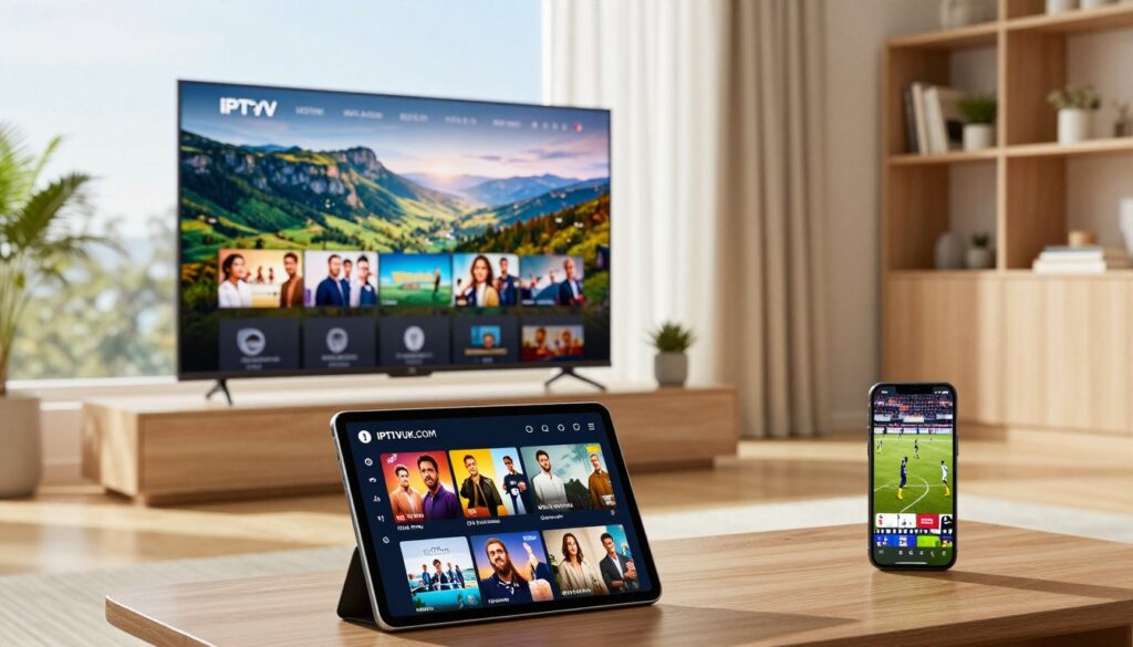 A modern living room showcasing an IPTV setup on multiple devices, including a large flat-screen TV, a tablet, and a smartphone, all streaming vivid content. In the foreground, the tablet displays the IPTVVUK.COM interface, with vibrant thumbnails of popular shows. The middle ground features the large TV with a beautiful landscape scene from a streaming service, while the smartphone shows a live sports event. Soft, natural lighting streams through a window, creating a welcoming atmosphere. The background includes a neatly arranged bookshelf and potted plants, enhancing the cozy feel. Capture the scene from a slightly elevated angle to offer a comprehensive view of the setup, focusing on the devices and their screens without any people present. A modern living room showcasing an IPTV setup on multiple devices, including a large flat-screen TV, a tablet, and a smartphone, all streaming vivid content. In the foreground, the tablet displays the IPTVVUK.COM interface, with vibrant thumbnails of popular shows. The middle ground features the large TV with a beautiful landscape scene from a streaming service, while the smartphone shows a live sports event. Soft, natural lighting streams through a window, creating a welcoming atmosphere. The background includes a neatly arranged bookshelf and potted plants, enhancing the cozy feel. Capture the scene from a slightly elevated angle to offer a comprehensive view of the setup, focusing on the devices and their screens without any people present.