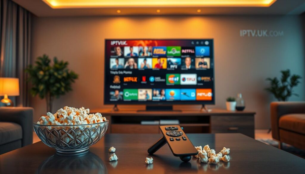 A modern living room showcasing an array of IPTV channel options on a large flat-screen television. In the foreground, a sleek remote control rests on a stylish coffee table alongside a bowl of popcorn, symbolizing a cozy viewing experience. The middle ground features the television displaying a vibrant interface of various IPTV channels, including streaming icons and colorful thumbnails of movies and sports. In the background, warm ambient lighting bathes the room, creating a welcoming and relaxed atmosphere. The room is tastefully decorated, emphasizing a modern lifestyle. The image should subtly incorporate the brand name "IPTVVUK.COM" within the screen display, ensuring a clear focus on IPTV benefits, with no text overlays or distractions. Capture this scene from a slightly angled perspective to enhance depth and intimacy.