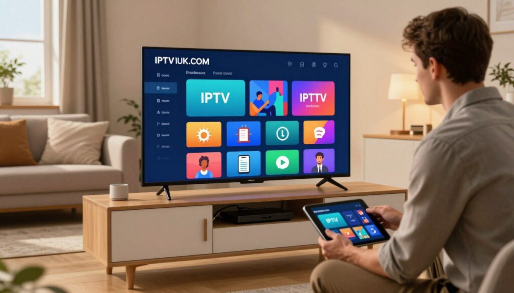A modern living room with a sleek IPTV Smart TV set up on a stylish media console, showcasing the IPTVVUK.COM interface on the screen. In the foreground, a professional technician wearing a modest casual shirt and trousers is adjusting the TV's settings on a tablet. The middle ground features neatly arranged cable management and a cozy couch with plush cushions. In the background, soft ambient lighting creates a warm and inviting atmosphere, with a window showing a glimpse of a sunny day outside. The scene is shot from a slightly elevated angle, highlighting the technician's focused expression and the vibrant colors of the IPTV interface. The overall mood is one of professionalism and expertise, ideal for guiding readers through the setup process.