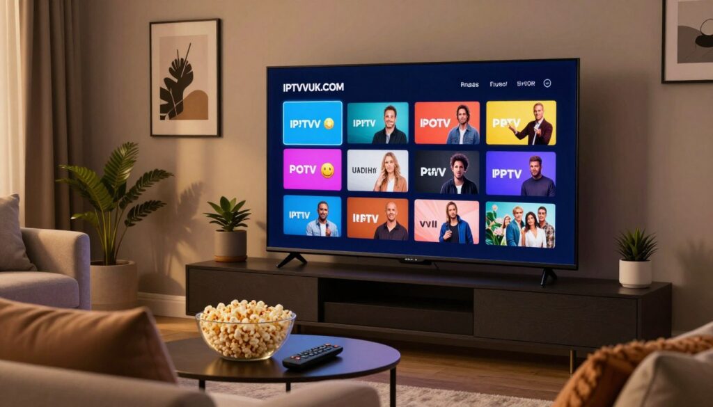 A modern, sleek IPTV player interface displayed on a large, high-resolution flat screen TV, positioned in a stylish living room setting. In the foreground, a comfortable sofa with cozy cushions, adorned with a coffee table featuring popcorn and a remote control. The middle ground features the TV showcasing the IPTVVUK.COM app, displaying a colorful grid of live TV channels and on-demand movies. The room is bathed in warm, ambient lighting creating a relaxing atmosphere. The background includes tasteful decor such as wall art and houseplants, enhancing the modern vibe. The camera angle is slightly from below, giving a dynamic view of the screen and the cozy environment. The overall mood is inviting, reflecting the essential requirements for enjoyable IPTV viewing.