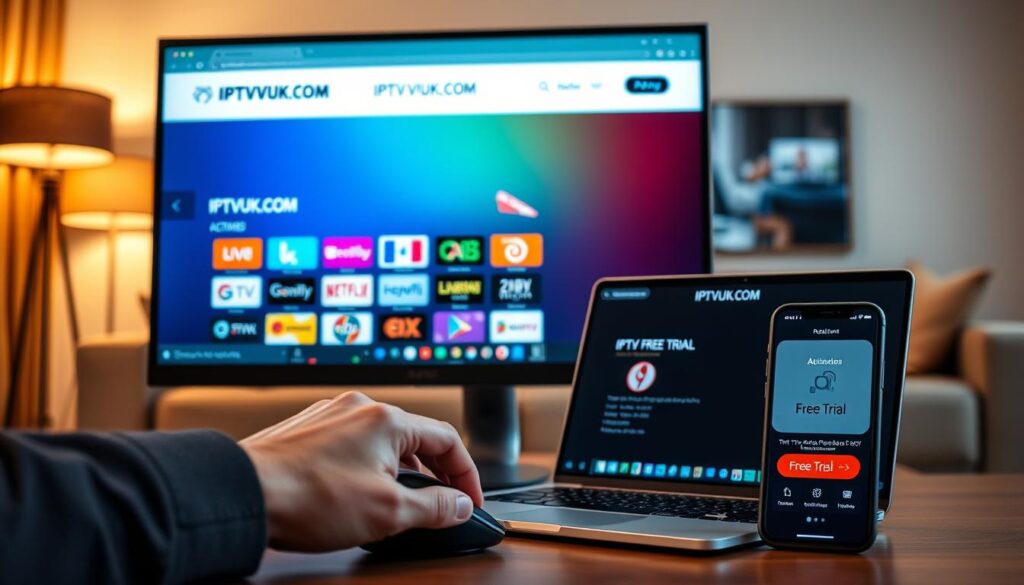 A modern, sleek desktop setup featuring a high-resolution monitor displaying the IPTVVUK.COM website, showcasing a vibrant interface with colorful live TV channel icons. In the foreground, a hand reaches for a computer mouse, highlighting interaction with the screen. The middle ground includes a stylish laptop and a smartphone, both displaying the IPTV free trial activation process, with engaging visuals like "Free Trial" buttons and TV logos. The background is softly blurred, showing a cozy living room ambiance with a comfortable sofa and a flat-screen TV. Warm, inviting lighting enhances the scene, creating a professional yet relaxed atmosphere that suggests ease of use and accessibility for the IPTV service. No text or overlays in the image.