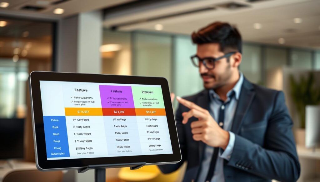A modern, sleek digital display showcasing various IPTV subscription plans and pricing options for IPTVVUK.COM. The foreground features a stylish tablet or computer screen with colorful, easy-to-read graphics highlighting three different subscription tiers: Basic, Standard, and Premium, each with its unique features and pricing. In the middle, a professional businessperson in smart casual attire analyzes the plans, pointing thoughtfully at the screen. The background consists of a contemporary office setting with soft, ambient lighting, creating a focused and inviting atmosphere. Use a shallow depth of field to emphasize the screen and the businessperson, while subtly blurring the office details. The overall mood should be positive, dynamic, and conducive to decision-making about IPTV subscriptions.