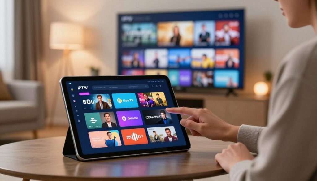 A modern, sleek digital setting showcasing the key features of IPTV services. In the foreground, an elegantly designed tablet displays vibrant streaming icons representing various features like live TV, catch-up service, and on-demand content. In the middle, a professional individual in business attire interacts with the tablet, highlighting the user-friendly interface. The background features a contemporary home entertainment setup with a large screen showing diverse channel options, surrounded by soft ambient lighting that conveys a cozy atmosphere. The scene should reflect clarity and innovation, emphasizing digital connectivity. Include the brand name "IPTVVUK.COM" subtly integrated into the tablet screen design, ensuring no text overlays disturb the image. Capture a warm and inviting mood that illustrates the benefits of modern IPTV services.