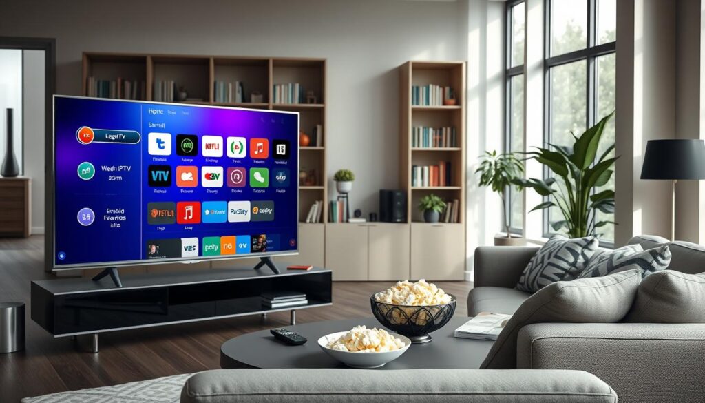 A modern, sleek living room setting as the foreground, featuring a large flat-screen TV displaying a vibrant user interface of a legal IPTV streaming service, specifically "IPTVVUK.COM". In the middle ground, a comfortable couch with stylish cushions is positioned around a coffee table, adorned with a bowl of popcorn and a remote control. The background shows a well-lit room with bookcases filled with books and plants for a touch of greenery. Soft, natural lighting filters through large windows, creating a cozy yet professional atmosphere. The overall mood conveys relaxation and modernity, emphasizing the convenience of legal IPTV compared to traditional cable, showcasing a seamless and enjoyable viewing experience. A modern, sleek living room setting as the foreground, featuring a large flat-screen TV displaying a vibrant user interface of a legal IPTV streaming service, specifically "IPTVVUK.COM". In the middle ground, a comfortable couch with stylish cushions is positioned around a coffee table, adorned with a bowl of popcorn and a remote control. The background shows a well-lit room with bookcases filled with books and plants for a touch of greenery. Soft, natural lighting filters through large windows, creating a cozy yet professional atmosphere. The overall mood conveys relaxation and modernity, emphasizing the convenience of legal IPTV compared to traditional cable, showcasing a seamless and enjoyable viewing experience.