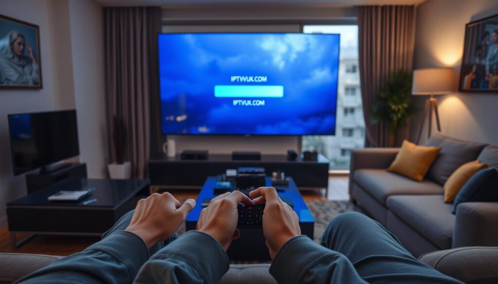 A person sitting frustrated in front of a modern television displaying an error symbol indicating buffering issues, with a soft blue glow emanating from the screen. In the foreground, their hands are on a remote control, symbolizing impatience. The middle view includes a sleek, stylish living room with a comfortable couch and a coffee table cluttered with electronic devices, hinting at a technologically savvy environment. In the background, a window reveals a cloudy sky, adding to the mood of frustration. Subtle reflections of the IPTVVUK.COM logo can be seen on the TV screen. The scene is well-lit with a warm ambiance contrasting the cool light from the screen, using a wide-angle lens to enhance the sense of space.