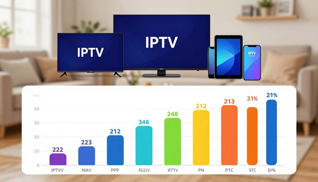 A professional and dynamic digital illustration of an IPTV performance comparison chart. In the foreground, an animated bar graph displays various UK IPTV services, with vibrant colors representing user ratings and features. The middle layer features sleek device icons like smart TVs, tablets, and smartphones, suggesting accessibility and modern technology. The background is a soft-focus image of a cozy living room setting with warm lighting, evoking a welcoming atmosphere for family entertainment. The overall mood is informative and engaging, giving a sense of reliability and choice for consumers. Include the brand name "IPTVVUK.COM" subtly integrated within the design elements, ensuring clarity and professional presentation.