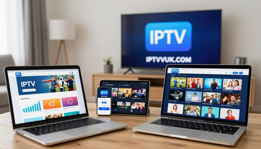 A professional and informative image showcasing a comparison of IPTV services in the UK, featuring visual elements like icons of different IPTV providers. In the foreground, a sleek laptop displaying colorful graphs and statistics about various IPTV plans. The middle ground includes tablets and smartphones, each showing different streaming interfaces, representing diverse needs like sports, films, and family-oriented content. In the background, a modern living room setting with a large TV screen displaying a generic IPTV logo and the brand name "IPTVVUK.COM". The lighting is bright and inviting, suggesting a warm atmosphere ideal for family viewing. Use a wide-angle perspective to encompass all elements harmoniously, ensuring a clear and engaging visual narrative without any text or watermarks.