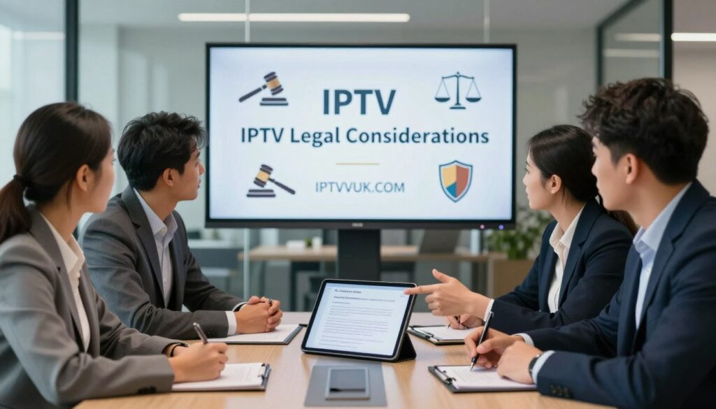 A professional and informative scene illustrating "IPTV Legal Considerations." In the foreground, a diverse group of three individuals in business attire, seated around a sleek conference table, engaged in a discussion. One person points to a digital tablet displaying legal documents and compliance guidelines while the others take notes. In the middle ground, a large screen displays the logo "IPTVVUK.COM," surrounded by graphics symbolizing legal themes, such as a gavel, scales of justice, and a shield icon. The background shows a modern office environment with glass walls and subtle greenery, creating a professional atmosphere. Soft, bright lighting enhances clarity and focus on the group's interaction. The image conveys a sense of importance and responsibility regarding IPTV usage and legal awareness in the UK.