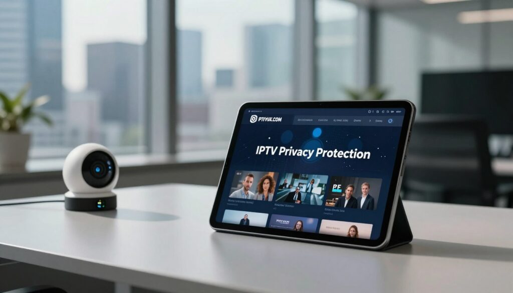 A professional and sleek workspace representing "IPTV Privacy Protection". In the foreground, a digital tablet displaying a high-definition streaming interface, subtly showcasing the brand name "IPTVVUK.COM". The middle ground features a modern office desk with a security camera and biometric lock, symbolizing enhanced privacy measures. In the background, a blurred city skyline through large glass windows, reflecting a high-tech environment. Soft, natural lighting filters in, casting gentle shadows, with a focus on a calm and secure atmosphere. The overall mood conveys a sense of trust and safety, ideal for discussing legal considerations and safety tips in the context of IPTV services.