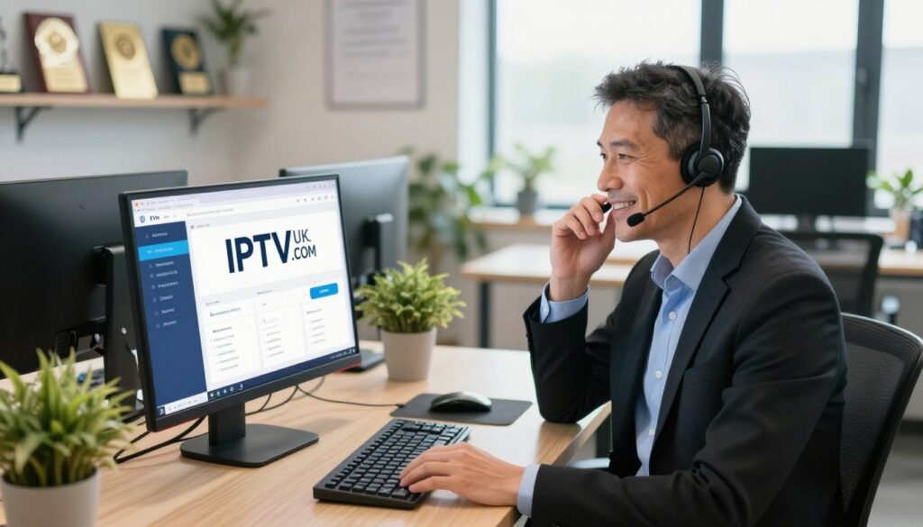 A professional customer support representative at a sleek, modern office, engaged in assisting a client with IPTV services. In the foreground, the representative, a middle-aged man dressed in a crisp blue shirt and black blazer, is attentively talking on a headset, with a warm, approachable expression. In the middle ground, a computer screen displays the IPTVVUK.COM logo alongside various service options. The background features contemporary office decor, including shelves with awards and a large window letting in natural light, casting a bright, inviting glow. The atmosphere is calm and focused, suggesting reliability and professionalism in customer support. Use a high-angle perspective to capture the entire scene in vibrant colors, ensuring that the image conveys a sense of trust and service excellence in the IPTV customer support sector.
