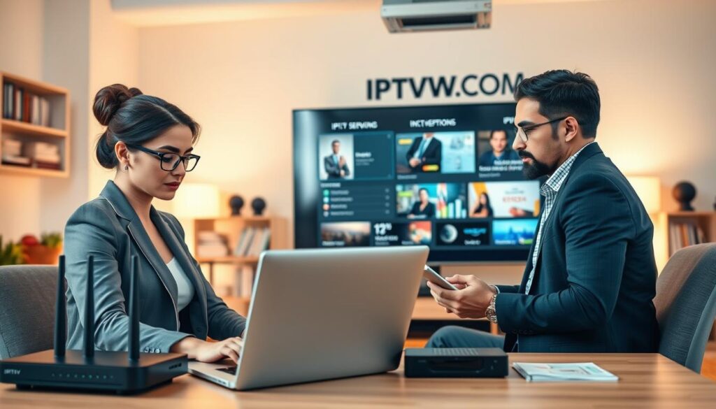 A professional, modern workspace where a diverse group of three individuals is conducting an IPTV service testing session. In the foreground, a woman in business attire is focused on a sleek laptop, analyzing streaming options with a look of concentration. To her side, a man is taking notes on a tablet, both are surrounded by tools like a router and streaming device. In the middle, a large screen displays various IPTV interfaces and performance metrics. The background shows a bright, well-lit office with shelves of tech books and IPTV branding, including "IPTVVUK.COM". The atmosphere is collaborative and innovative, capturing the essence of technology and service evaluation. Soft, warm lighting enhances the professional mood, emphasizing clarity and focus.