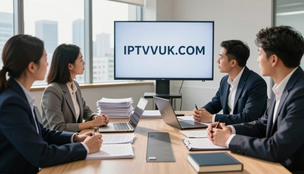 A professional office environment where a serious business meeting is taking place about IPTV reseller legal considerations. In the foreground, a diverse group of three professionals, one woman and two men, are engaged in discussion, all dressed in smart business attire. They are surrounded by documents and a large screen displaying the brand name "IPTVVUK.COM". In the middle ground, a shallow-focus view reveals stacks of legal documents, laptops, and a coffee table with a legal textbook. In the background, a city skyline is visible through large windows, providing a modern ambiance. The lighting is bright and warm, casting natural light into the room, creating a focused yet inviting atmosphere that conveys professionalism and awareness of legal matters.