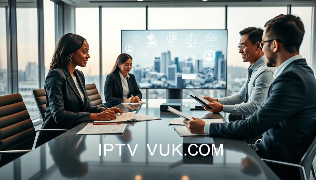 A professional office setting depicting a diverse group of business professionals discussing IPTV legal considerations around a modern conference table. In the foreground, two individuals—one Black woman in formal business attire and one Asian man in smart casual attire—are reviewing legal documents and digital devices. In the middle ground, a large monitor displays visual representations of legal symbols such as scales of justice and copyright signs, subtly integrated with streaming icons. The background features a sleek, well-lit office with large windows showing a city skyline, enhancing the atmosphere of professionalism and innovation. Soft, natural lighting creates a warm yet focused ambiance. The brand name "IPTVVUK.COM" is subtly integrated into the design elements of the conference materials.