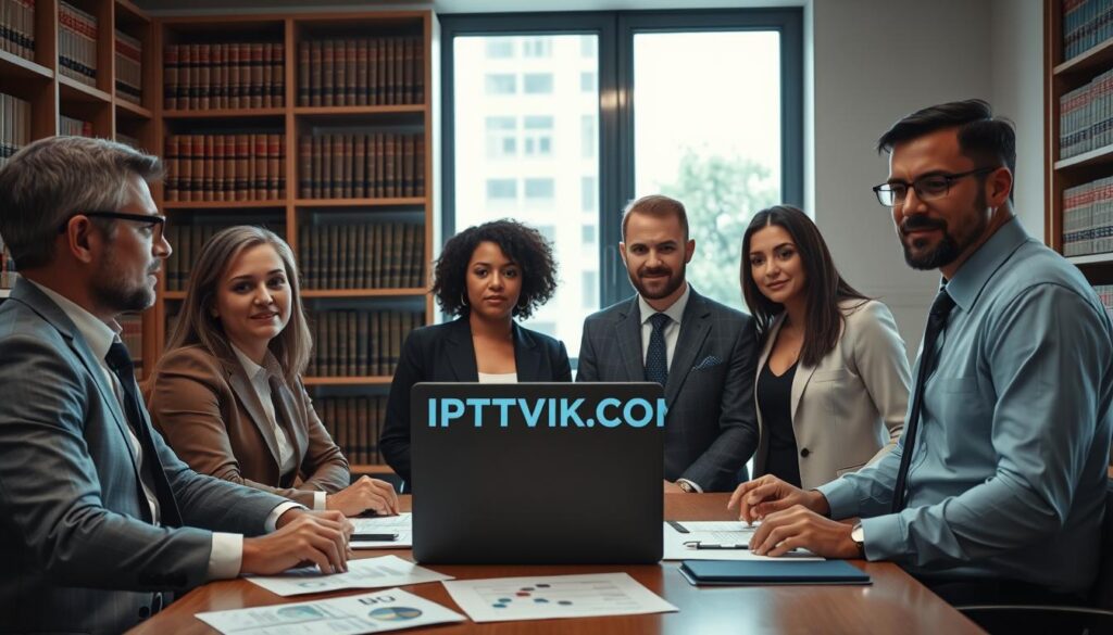 A professional office setting featuring a diverse team of four individuals discussing the legal framework of IPTV in the UK. The foreground shows two men and two women, each in professional business attire, gathered around a conference table filled with legal documents, charts, and a laptop displaying IPTVVUK.COM. The middle layer includes a large, clear window with natural light illuminating the scene, reflecting a modern office architecture design. In the background, a bookshelf filled with legal volumes and case studies symbolizes knowledge and expertise in the field. The mood is serious and collaborative, conveying an atmosphere of determination and professionalism. Use soft, even lighting to enhance focus on the individuals and documents.