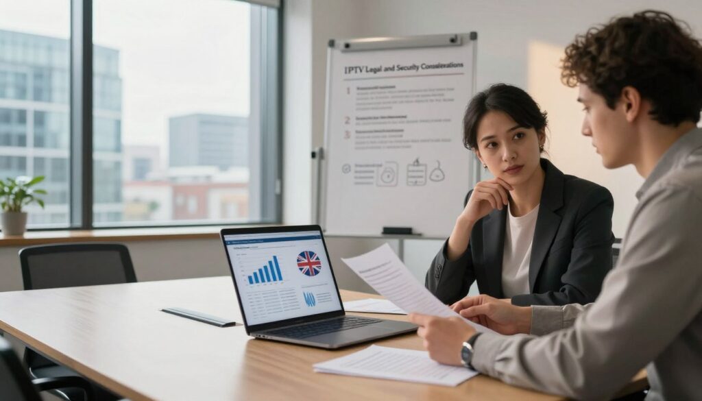 A professional office setting focusing on "IPTV Legal and Security Considerations". In the foreground, a neatly arranged conference table with a laptop displaying graphs and charts related to IPTV regulations in the UK. A business person in smart casual attire examines documents; their expression is thoughtful. In the middle ground, a large window offers a view of a modern cityscape, suggesting a professional environment. In the background, a whiteboard displays key legal terms and security elements related to IPTV, creating an informative atmosphere. Soft, natural lighting filters in, casting a warm glow over the scene. The overall mood is serious yet optimistic, emphasizing the importance of legal compliance and security in IPTV services. Brands like "IPTVVUK.COM" subtly integrated within the decor. A professional office setting focusing on "IPTV Legal and Security Considerations". In the foreground, a neatly arranged conference table with a laptop displaying graphs and charts related to IPTV regulations in the UK. A business person in smart casual attire examines documents; their expression is thoughtful. In the middle ground, a large window offers a view of a modern cityscape, suggesting a professional environment. In the background, a whiteboard displays key legal terms and security elements related to IPTV, creating an informative atmosphere. Soft, natural lighting filters in, casting a warm glow over the scene. The overall mood is serious yet optimistic, emphasizing the importance of legal compliance and security in IPTV services. Brands like "IPTVVUK.COM" subtly integrated within the decor.
