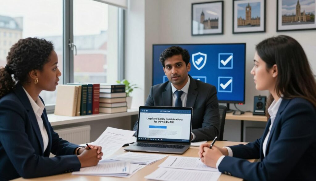 A professional office setting reflecting "Legal and Safety Considerations for IPTV in the UK". In the foreground, a diverse group of three individuals in business attire—one Black woman, one South Asian man, and one Hispanic woman—are engaged in a discussion around a table cluttered with legal documents and a laptop displaying the website "IPTVVUK.COM". The middle ground features a large window letting in soft, natural light, illuminating stacks of legal books and a digital screen showcasing safety icons like shields and checkmarks. The background highlights framed images of UK landmarks, suggesting a national context. The scene should evoke a serious, informative atmosphere, with attention to detail in lighting and a slightly blurred depth of field to focus on the subjects and documents.