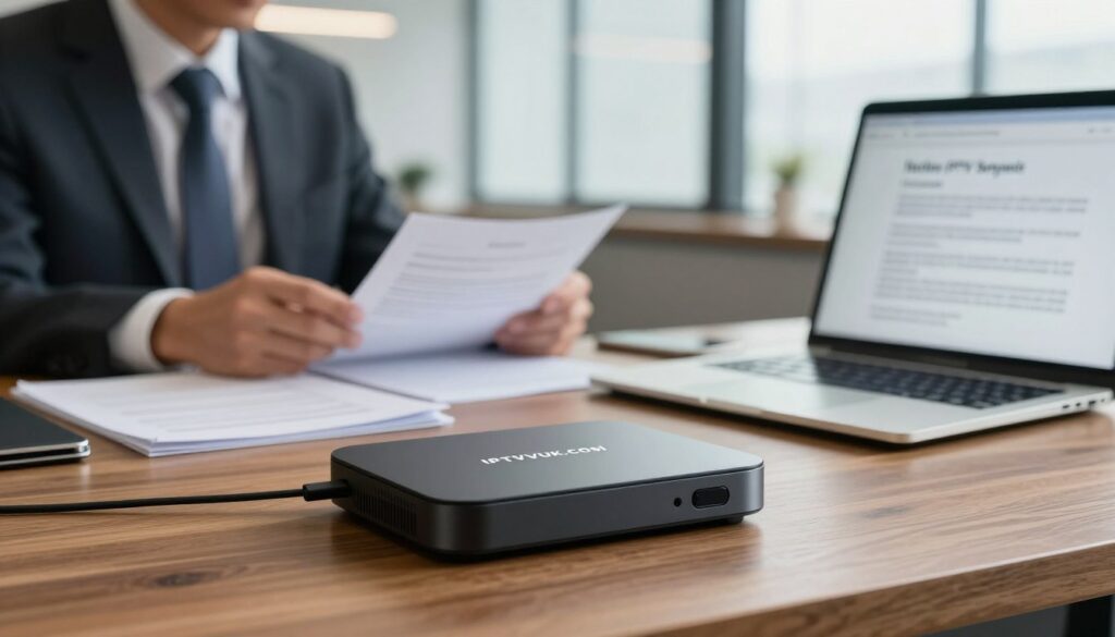 A professional office setting showcasing a sleek IPTV box on a polished wooden desk with a laptop open to a legal document about IPTV services. In the foreground, focus on the IPTV box with the brand name "IPTVVUK.COM" clearly visible. The middle section features legal books and documents, with a blurred image of a person in business attire thoughtfully reviewing papers, emphasizing a serious approach to legal considerations. The background displays a modern, well-lit office with large windows allowing natural light to flood in, creating a professional and serious atmosphere. Use a shallow depth of field to blur the background slightly, drawing attention to the IPTV box and legal materials. The lighting is soft yet illuminating, creating a warm, focused mood suitable for an informative article on legal aspects of IPTV.