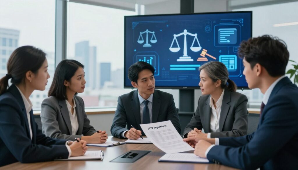 A professional setting depicting the legal considerations for IPTV users in the UK. In the foreground, a diverse group of three individuals dressed in business attire discusses a document labeled "IPTV Regulations" on a sleek conference table. The middle ground features a modern office with large windows showcasing a city skyline in soft natural light. In the background, a large screen displays legal icons such as scales of justice, a gavel, and digital content symbols, subtly illuminated to convey a sense of seriousness. The atmosphere is focused and collaborative, emphasizing the importance of understanding legal issues surrounding IPTV services. The overall color scheme should be calming and professional, with blues and greys dominating. Incorporate the brand name "IPTVVUK.COM" subtly within the scene, perhaps on the document table or as part of the digital graphics on the screen.