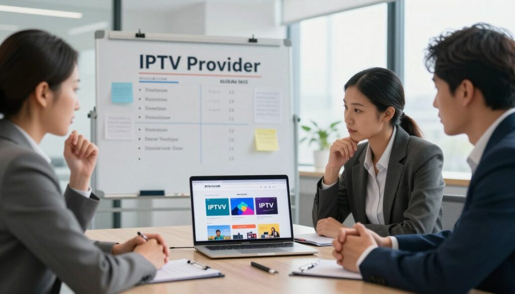 A professional setting focused on choosing the right IPTV provider, featuring a diverse group of three individuals in business attire gathered around a sleek conference table. The foreground showcases a laptop displaying the IPTVVUK.COM website, with vibrant graphics of different IPTV packages. In the middle ground, a whiteboard covered with notes and options for comparison highlights key features. The background reveals a modern office space with large windows allowing natural light to flood the room, creating a bright, inviting atmosphere. The mood is collaborative and informative, enhanced by soft, diffused lighting. A shallow depth of field accentuates the focused discussion among the participants, emphasizing the importance of thoughtful decision-making in IPTV selection.