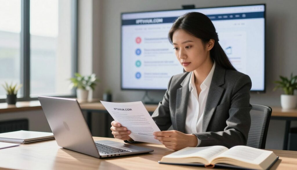 A professional setting illustrating legal considerations for IPTV users. In the foreground, a confident business professional in smart attire is reviewing legal documents on a sleek laptop, with a legal book open beside them. The middle ground features a modern office with a large window allowing natural light to spill in, casting soft shadows. In the background, a digital screen showcasing the website "IPTVVUK.COM" displays key regulatory points in a clear, organized manner. The atmosphere conveys a sense of security and professionalism, with warm, inviting lighting. Focus on clarity, ensuring all elements are clean and well-defined, creating an informative yet engaging visual representation of IPTV legal considerations and safety tips.