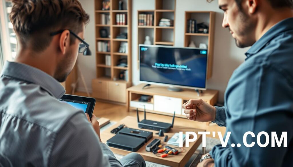 A professional technician troubleshooting IPTV issues in a modern living room setting. In the foreground, the technician, dressed in smart casual attire, is focused on a tablet displaying error messages related to IPTV. In the middle ground, there is a sleek smart TV on a stand showing buffering icons. Surrounding the technician, various tools such as cable testers and a wireless router are visible on a coffee table. The background features a comfortable sofa and a bookshelf with tech manuals, creating a homey yet tech-savvy atmosphere. Soft, natural light streams in through a window, highlighting the technical elements while maintaining a calm, focused mood. Include a subtle branding element with "IPTVVUK.COM" appearing tastefully in the decor.