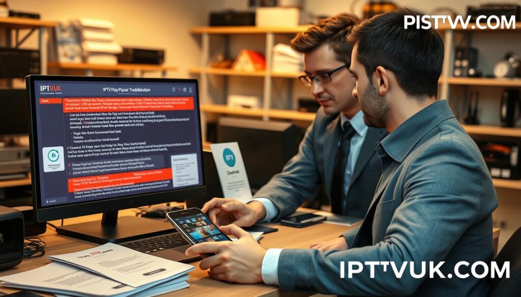 A professional, well-organized workspace that illustrates "IPTV Player Troubleshooting." In the foreground, a technician in smart casual attire is focused on a laptop displaying an IPTV player interface filled with error messages and diagnostic tools. Surrounding the laptop are various troubleshooting guides and technical manuals, hinting at common issues. In the middle layer, a digital tablet shows a checklist of troubleshooting steps, while a smartphone nearby is streaming content successfully, signifying a solution. The background features a soft-focus office environment with shelves filled with technical equipment and cables, conveying a professional and tech-savvy atmosphere. Utilize warm lighting to create a welcoming yet focused mood, capturing the essence of problem-solving in technology, with a subtle watermark of the brand name "IPTVVUK.COM" integrated into the background elements. A professional, well-organized workspace that illustrates "IPTV Player Troubleshooting." In the foreground, a technician in smart casual attire is focused on a laptop displaying an IPTV player interface filled with error messages and diagnostic tools. Surrounding the laptop are various troubleshooting guides and technical manuals, hinting at common issues. In the middle layer, a digital tablet shows a checklist of troubleshooting steps, while a smartphone nearby is streaming content successfully, signifying a solution. The background features a soft-focus office environment with shelves filled with technical equipment and cables, conveying a professional and tech-savvy atmosphere. Utilize warm lighting to create a welcoming yet focused mood, capturing the essence of problem-solving in technology, with a subtle watermark of the brand name "IPTVVUK.COM" integrated into the background elements.