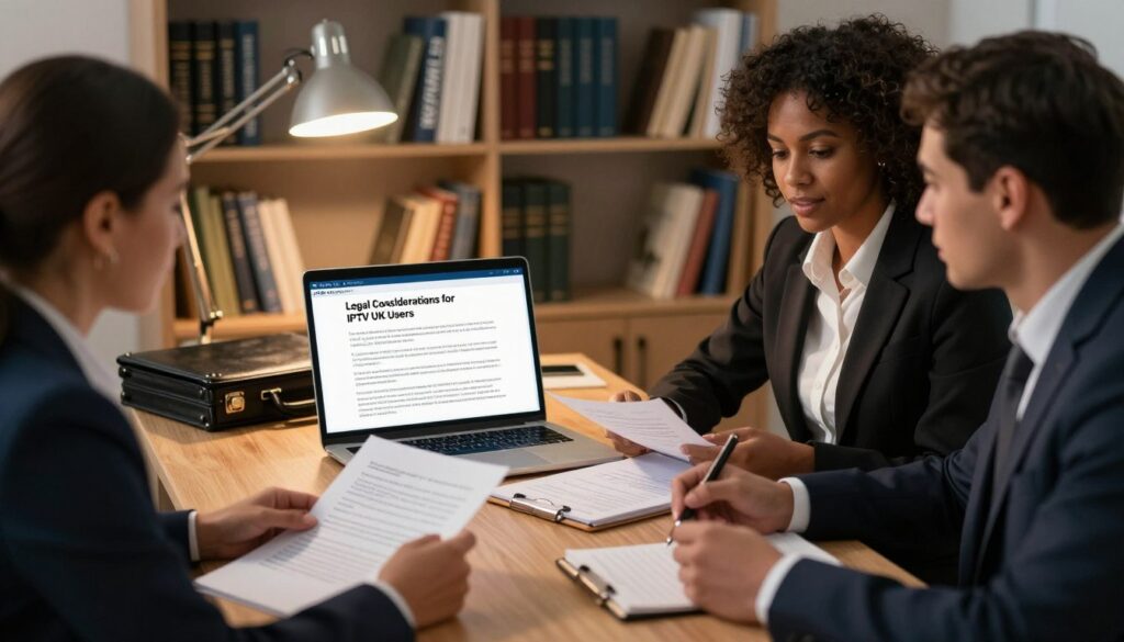 A professional workspace depicting "Legal Considerations for IPTV UK Users." In the foreground, a diverse group of three business professionals in smart attire engaged in a discussion over documents and a laptop, highlighting compliance. The middle layer features an open laptop displaying legal documents, a notepad filled with notes, and a briefcase, symbolizing research and preparation. In the background, shelves lined with books about technology law and telecommunications regulations, softly illuminated by warm, ambient lighting from a desk lamp, creating a focused atmosphere. The overall mood conveys diligence and responsibility in navigating IPTV legality. Include a logo for "IPTVVUK.COM" subtly within the scene to reinforce the subject matter. A professional workspace depicting "Legal Considerations for IPTV UK Users." In the foreground, a diverse group of three business professionals in smart attire engaged in a discussion over documents and a laptop, highlighting compliance. The middle layer features an open laptop displaying legal documents, a notepad filled with notes, and a briefcase, symbolizing research and preparation. In the background, shelves lined with books about technology law and telecommunications regulations, softly illuminated by warm, ambient lighting from a desk lamp, creating a focused atmosphere. The overall mood conveys diligence and responsibility in navigating IPTV legality. Include a logo for "IPTVVUK.COM" subtly within the scene to reinforce the subject matter.