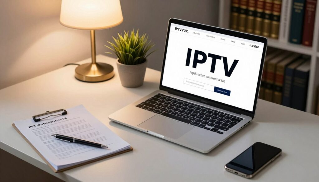 A professional workspace featuring a stylish, modern desk with a high-quality laptop displaying IPTVVUK.COM on the screen. In the foreground, there's a neatly arranged notepad with legal documents, a pen, and a smartphone, emphasizing the legal aspects of IPTV. The middle ground includes a potted plant and an elegant lamp providing warm, soft lighting, creating a welcoming atmosphere. In the background, a bookshelf filled with legal books and articles about IPTV legality, hinting at a knowledgeable environment. The overall mood is serious yet inviting, perfect for illustrating the legal considerations of IPTV in the UK. Use a slightly angled top-down perspective to encompass the workspace while ensuring clarity and focus on the desk items.