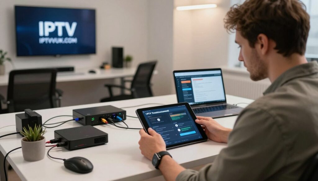 A professional workspace illustrating "IPTV Troubleshooting." In the foreground, a focused technician in smart casual attire analyzes a digital tablet displaying connection errors and troubleshooting steps. The middle ground features a cluttered desk with various IPTV devices, cables, and a laptop showing streaming issues. The background depicts a modern office setting with a wall-mounted TV showcasing the IPTV logo "IPTVVUK.COM," illuminated by soft overhead lighting. The colors are balanced, creating a calm yet attentive atmosphere, suggesting focus and problem-solving. Capture the scene from a slightly elevated angle to emphasize the technician’s engagement with the devices while maintaining an overall sense of order and professionalism.