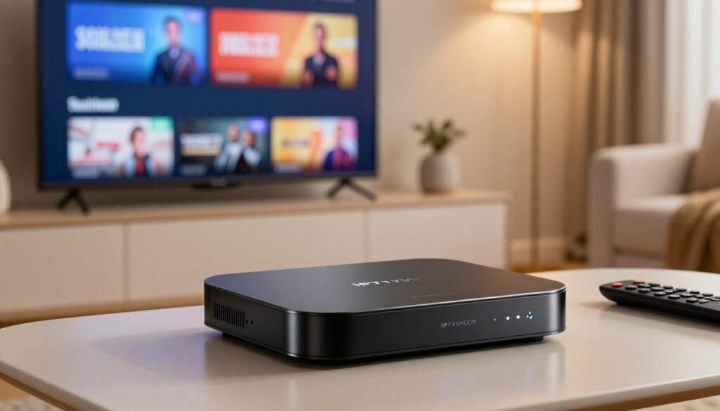 A sleek IPTV box prominently displayed in the foreground, showcasing its modern design with elegant curves and glossy black finish, adorned with intricate LED indicators. Behind it, a minimalist living room setting featuring a large flat-screen TV displaying vibrant streaming content. Soft, warm lighting creates a cozy atmosphere, enhancing the appeal of the scene. In the background, plush furniture and decorative elements emphasize a comfortable viewing space. A remote control lies beside the IPTV box, hinting at its user-friendly functionality. The overall mood conveys accessibility and innovation in home entertainment. Include the brand name "IPTVVUK.COM" subtly integrated into the design of the IPTV box.
