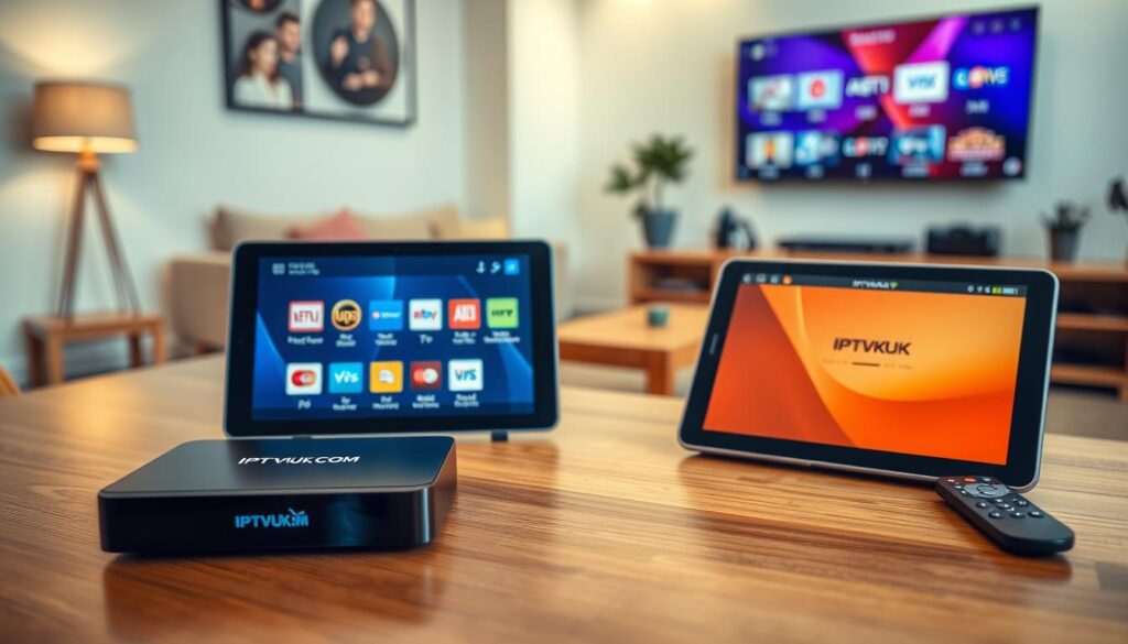 A sleek and modern arrangement of various IPTV streaming devices, including a streaming box, smart TV, and tablet, prominently featuring the brand name "IPTVVUK.COM". In the foreground, the devices are neatly positioned on a stylish wooden table, showcasing their sleek designs. The middle ground presents a cozy living room setup, with a plush sofa and a wall-mounted television displaying vibrant channel logos. In the background, soft ambient lighting creates a warm and inviting atmosphere, hinting at a peaceful evening of home entertainment. The shot is taken from a slightly elevated angle, providing a clear view of the devices while enhancing the sense of space. The overall mood is relaxed and modern, emphasizing the seamless integration of technology in everyday life. A sleek and modern arrangement of various IPTV streaming devices, including a streaming box, smart TV, and tablet, prominently featuring the brand name "IPTVVUK.COM". In the foreground, the devices are neatly positioned on a stylish wooden table, showcasing their sleek designs. The middle ground presents a cozy living room setup, with a plush sofa and a wall-mounted television displaying vibrant channel logos. In the background, soft ambient lighting creates a warm and inviting atmosphere, hinting at a peaceful evening of home entertainment. The shot is taken from a slightly elevated angle, providing a clear view of the devices while enhancing the sense of space. The overall mood is relaxed and modern, emphasizing the seamless integration of technology in everyday life.