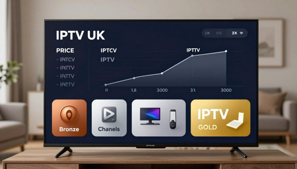 A sleek and modern digital display featuring various IPTV UK pricing plans, artistically arranged in a visually appealing manner. In the foreground, elegant icons representing different packages with vivid colors, such as bronze, silver, and gold tiers, showcasing icons for channels, streaming quality, and devices. The middle section depicts a stylized chart or graph, illustrating price comparisons among popular UK IPTV providers, with clear distinctions between options. The background features a blurred image of a contemporary living room with a flat-screen TV turned on, casting soft ambient light, suggesting the comfort of home entertainment. The overall mood is informative yet inviting, emphasizing clarity. The brand name "IPTVVUK.COM" is subtly incorporated within the design. A sleek and modern digital display featuring various IPTV UK pricing plans, artistically arranged in a visually appealing manner. In the foreground, elegant icons representing different packages with vivid colors, such as bronze, silver, and gold tiers, showcasing icons for channels, streaming quality, and devices. The middle section depicts a stylized chart or graph, illustrating price comparisons among popular UK IPTV providers, with clear distinctions between options. The background features a blurred image of a contemporary living room with a flat-screen TV turned on, casting soft ambient light, suggesting the comfort of home entertainment. The overall mood is informative yet inviting, emphasizing clarity. The brand name "IPTVVUK.COM" is subtly incorporated within the design.