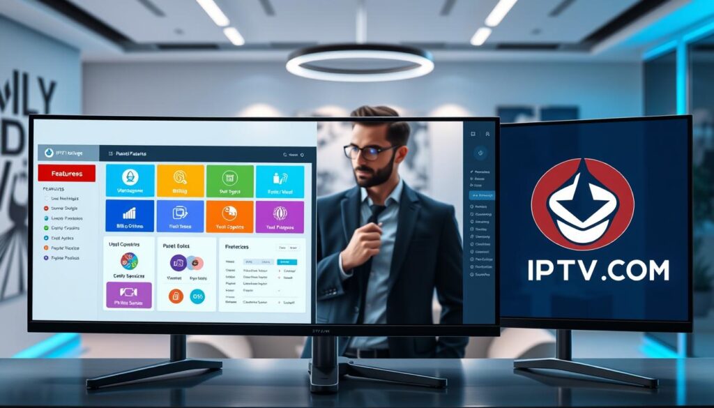 A sleek and modern digital interface showcasing an "IPTV Reseller Panel Features Comparison" on a high-tech monitor. In the foreground, three distinct panels display various features, such as user management, billing options, and support services, each visually differentiated with vibrant colors and icons. In the middle, an elegant workspace includes a professional wearing business attire, analyzing the panels with a contemplative expression. The background features a softly lit office with abstract technology-themed art and subtle blue tones enhancing the futuristic atmosphere. The overall mood is analytical and focused, emphasizing clarity and professionalism. Include a logo design for "IPTVVUK.COM" subtly integrated into one of the panels, ensuring it complements the image seamlessly.