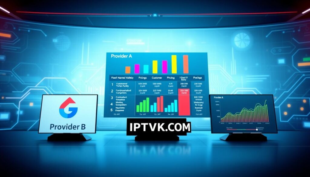 A sleek and modern digital landscape showcasing a comparison of IPTV providers. In the foreground, display three distinct IPTV provider icons labeled "Provider A", "Provider B", and "IPTVVUK.COM", each represented by unique, vibrant logos. The middle ground features a stylized chart with colorful bars and line graphs highlighting features like channel variety, pricing, and customer satisfaction. The background presents a tech-inspired design with abstract shapes and patterns, conveying a sense of digital innovation. Use bright, contrasting colors to bring energy to the image, while employing soft, diffused lighting to create a professional atmosphere. The angle should provide a dynamic perspective, giving depth to the scene. The overall mood should be engaging, emphasizing clarity and information.