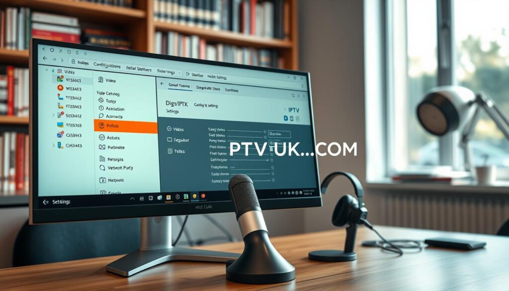 A sleek and modern digital workspace featuring a computer screen displaying the VLC media player's settings optimized for IPTV streaming. The foreground shows the screen focused on various configuration options with vibrant colors and clear icons, including video and network settings. In the middle, a stylish desk with a high-quality microphone and headphones, creating a tech-savvy atmosphere. The background is softly blurred, showcasing bookshelves filled with tech manuals and a window with natural light pouring in, enhancing the warm ambiance. The lighting is bright but not harsh, creating a professional environment suitable for streaming. The brand name "IPTVVUK.COM" is subtly integrated into the desktop background, harmonizing with the overall aesthetic. Aim for a clean, organized look that reflects efficiency and technological competence in IPTV setup.