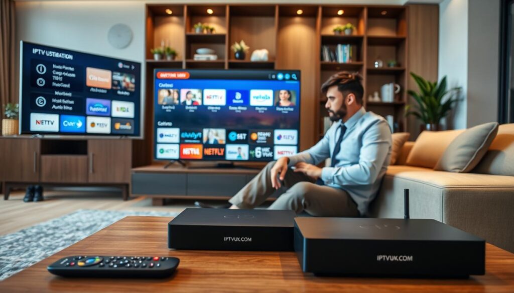 A sleek and modern living room setting featuring a large flat-screen TV displaying a vibrant user interface filled with IPTV customization options. In the foreground, a stylish coffee table holds a remote control and an IPTV device with the logo "IPTVVUK.COM" prominently displayed. The middle area showcases a cozy sofa, with a professional-looking individual in smart casual attire, thoughtfully browsing channel options on the TV screen. The background features elegant shelving with plants and books, hinting at a comfortable home entertainment space. Soft, warm lighting creates an inviting atmosphere, emphasizing the convenience of customized IPTV viewing. Use a wide-angle lens to capture depth and detail, with a focus on the interplay between the IPTV setup and the user experience. A sleek and modern living room setting featuring a large flat-screen TV displaying a vibrant user interface filled with IPTV customization options. In the foreground, a stylish coffee table holds a remote control and an IPTV device with the logo "IPTVVUK.COM" prominently displayed. The middle area showcases a cozy sofa, with a professional-looking individual in smart casual attire, thoughtfully browsing channel options on the TV screen. The background features elegant shelving with plants and books, hinting at a comfortable home entertainment space. Soft, warm lighting creates an inviting atmosphere, emphasizing the convenience of customized IPTV viewing. Use a wide-angle lens to capture depth and detail, with a focus on the interplay between the IPTV setup and the user experience.