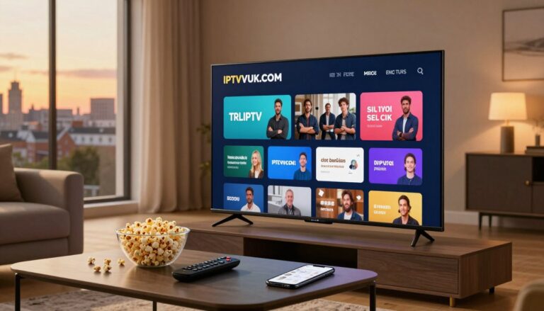 A sleek and modern living room setting that embodies the essence of the best IPTV service in the UK. In the foreground, a stylish television displaying the IPTVVUK.COM interface with vibrant streaming content. The middle layer features an elegantly arranged coffee table with a remote control, some popcorn, and a smartphone showing user reviews. The background includes warm ambient lighting from a soft lamp, creating a cozy atmosphere. A large window reveals a picturesque UK skyline during sunset, bathing the scene in golden light, adding an inviting mood. The overall composition captures the convenience and enjoyment of IPTV services, illustrating their impact on modern entertainment.