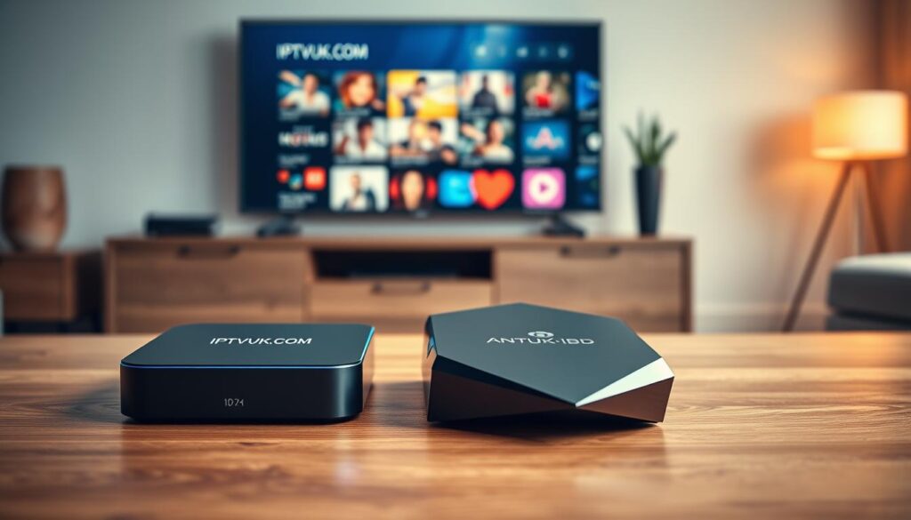 A sleek, contemporary IP and Android TV box side by side on a stylish wooden table. The IPTV box, subtly branded with "IPTVVUK.COM," is compact with a minimalist design and LED lights illuminating its edges. Next to it, an Android TV box features a more angular, techy look, with glossy surfaces reflecting ambient light. In the background, a modern living room with a large flat-screen TV displays a colorful streaming interface, showcasing the versatility of both devices. The scene is bathed in warm, soft lighting that creates an inviting atmosphere, emphasizing comfort and relaxation. The camera angle is slightly elevated, focusing on the devices, capturing their key differences and detailed textures, while the minimalistic decor of the room enhances the tech-savvy ambiance.