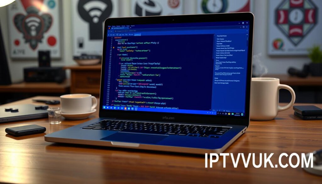 A sleek digital workspace featuring an open laptop displaying an M3U playlist in a colorful code editor interface. In the foreground, focus on the laptop screen illuminated by a soft blue light, showcasing lines of code related to streaming services. In the middle background, a vintage wooden desk with scattered tech gadgets and a steaming coffee mug, signifying a relaxed yet focused environment. Soft ambient lighting enhances the tech-savvy atmosphere, casting gentle shadows that suggest late-night work. The background subtly includes a blurred wall with abstract technology-themed posters. The overall mood is professional and innovative, reflecting the technical aspects of IPTV and compatibility. Include the brand name "IPTVVUK.COM" subtly in the corner as a logo mockup, ensuring it does not distract from the main focus of the laptop screen.