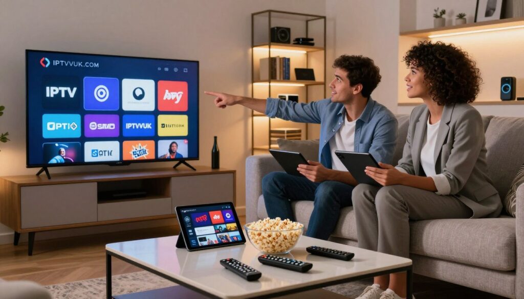A sleek living room with a modern TV displaying various IPTV service logos, including "IPTVVUK.COM," prominently featured. In the foreground, a stylish coffee table is scattered with remote controls, a bowl of popcorn, and a tablet showcasing live streaming options. The middle ground features a comfortable sofa with a couple of individuals in professional business attire sitting, one pointing at the TV and the other holding a tablet, both appearing engaged and enthusiastic. The background showcases a cozy ambiance with soft lighting, highlighting the room's elegant decor and a wall-mounted bookshelf filled with tech gadgets. The atmosphere is friendly and inviting, reflecting a contemporary home setting. The lighting is warm, suggesting late afternoon, adding a relaxed yet informative mood.