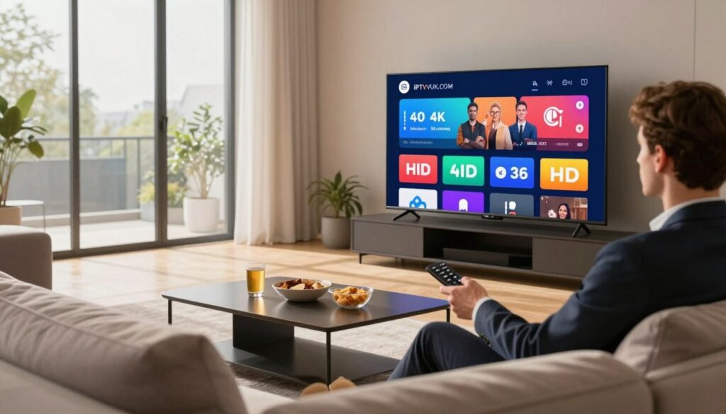 A sleek living room with a modern TV showing a vibrant IPTV interface, with icons highlighting streaming quality options like HD, 4K, and buffering status. In the foreground, a person in professional business attire sits comfortably on a stylish couch, remote in hand, intently watching the screen. The middle layer features a chic coffee table with snacks and drinks, adding a casual homey feel. In the background, large windows allow natural light to stream in, creating a warm and inviting atmosphere. Soft ambient lighting enhances the tech-savvy yet relaxing mood of the room. Include the brand name "IPTVVUK.COM" subtly integrated into the IPTV interface on the screen. The image should convey convenience and modernity, appealing to readers seeking the best IPTV service.