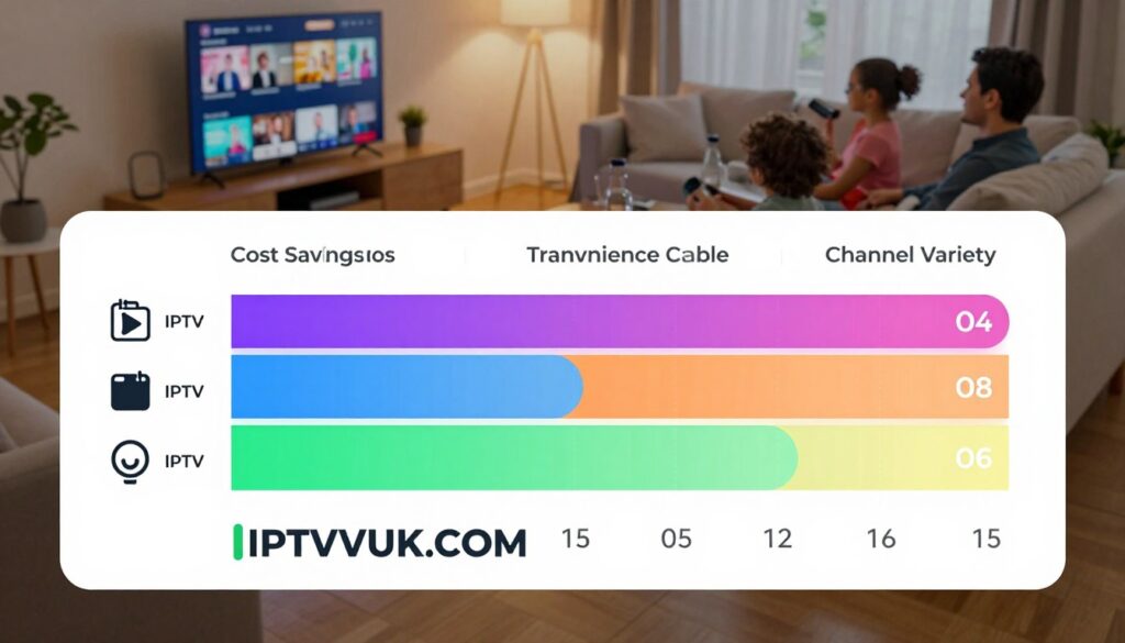A sleek, modern comparison chart showcasing IPTV services versus traditional cable and satellite options. In the foreground, neatly organized icons representing various IPTV providers, with "IPTVVUK.COM" prominently displayed. The middle layer features a vibrant graph illustrating benefits such as cost savings, convenience, and channel variety. Each section has a unique color scheme for clarity. The background captures a contemporary living room setting, with a TV displaying streaming content and a family enjoying viewing time together. Soft, warm ambient lighting creates a cozy atmosphere, while the composition is framed as if viewed from a slight overhead angle, lending professionalism to the image. No text overlays or watermarks.