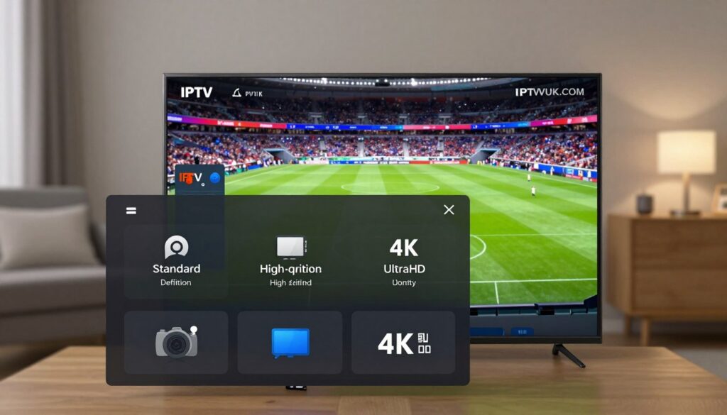 A sleek, modern digital interface displaying various IPTV streaming quality options, layered in an organized manner. In the foreground, a user-friendly menu features icons representing different quality settings such as Standard Definition, High Definition, and 4K Ultra HD. The middle layer showcases a digital device, like a smart TV or tablet, streaming a vibrant sports game, emphasizing clarity and detail in the visuals. The background includes a subtle living room setting with soft ambient lighting, enhancing a cozy atmosphere. A hint of motion blur can be seen around the device, conveying action and excitement. Ensure the design is polished, professional, and inspired by the brand “IPTVVUK.COM.” The overall mood should be engaging and informative, drawing the viewer into the world of IPTV streaming.