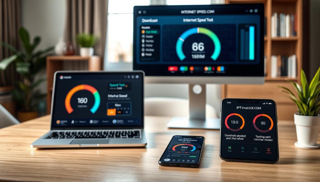A sleek, modern internet speed test dashboard displayed on a high-resolution computer screen in an elegantly designed workspace. The foreground features a close-up of a speed test graphic showcasing download and upload speeds in bright colors. In the middle, a stylish laptop sits on a polished wooden desk, alongside a smartphone displaying a similar speed test, with both devices showing the brand name "IPTVVUK.COM". The background showcases a cozy home office with a soft-focus bookshelf filled with tech-related books and a potted plant for a touch of greenery. Soft, natural lighting filters in from a nearby window, creating a calm and professional atmosphere, inviting viewers to consider the internet requirements for optimal streaming performance. The scene captures a tech-savvy environment focused on connectivity and speed.