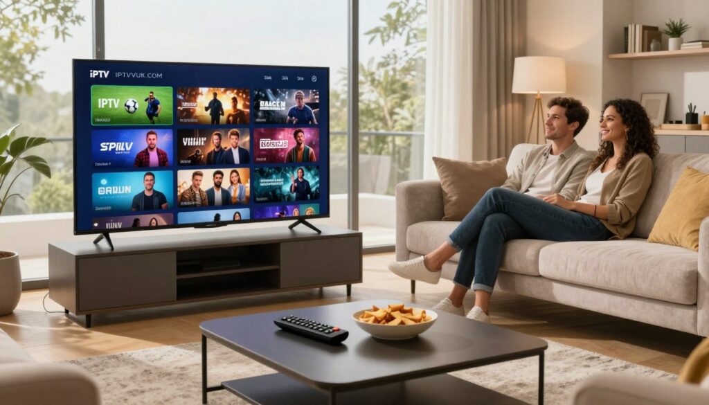 A sleek, modern living room featuring a high-definition television displaying a vibrant montage of IPTV services, including various popular channels and genres like sports, movies, and entertainment. In the foreground, a stylish coffee table with a remote control and snacks creates a cozy viewing atmosphere. The middle ground includes a plush sofa with a professional couple in smart casual attire, engaged in watching their favorite show, reflecting satisfaction and enjoyment. The background showcases large windows allowing natural light to pour in, casting a warm glow throughout the room. The mood is inviting and relaxed, emphasizing the benefits of IPTV services. The branding "IPTVVUK.COM" subtly incorporated into the decor elements enhances the connection to the services offered. Capture the scene from a slightly elevated angle to provide depth and context. A sleek, modern living room featuring a high-definition television displaying a vibrant montage of IPTV services, including various popular channels and genres like sports, movies, and entertainment. In the foreground, a stylish coffee table with a remote control and snacks creates a cozy viewing atmosphere. The middle ground includes a plush sofa with a professional couple in smart casual attire, engaged in watching their favorite show, reflecting satisfaction and enjoyment. The background showcases large windows allowing natural light to pour in, casting a warm glow throughout the room. The mood is inviting and relaxed, emphasizing the benefits of IPTV services. The branding "IPTVVUK.COM" subtly incorporated into the decor elements enhances the connection to the services offered. Capture the scene from a slightly elevated angle to provide depth and context.