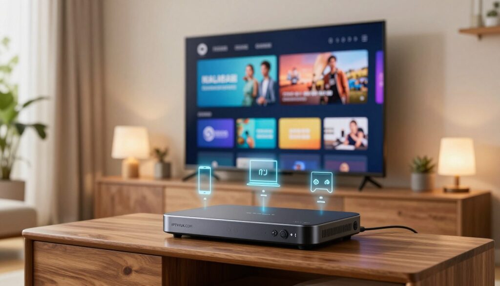 A sleek, modern living room setting as the foreground, featuring a stylish IPTV device prominently placed on a wooden media console, displaying a vivid interface with various app icons. In the middle ground, a large flat-screen TV is wall-mounted, showcasing high-definition streaming content. Various compatibility icons (like smartphone, tablet, laptop, and gaming console) are artistically integrated around the IPTV device, each glowing softly to indicate connectivity. The background consists of a cozy, inviting atmosphere with soft, warm lighting from stylish lamps, creating a relaxing ambiance. A hint of lush greenery is visible through a window, allowing natural light to enhance the scene. The overall mood is one of advanced technology blending seamlessly with home comfort, promoting a sense of accessibility and simplicity in device compatibility. The brand “IPTVVUK.COM” is subtly featured on the IPTV device screen, reinforcing the topic.