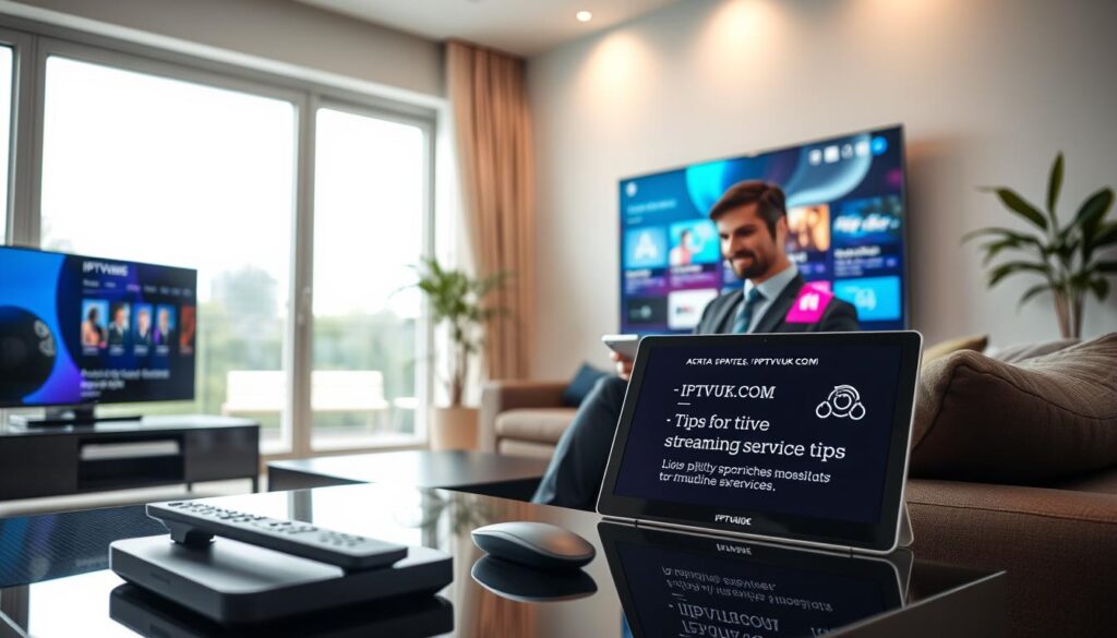 A sleek, modern living room setup featuring a large flat-screen TV displaying vibrant IPTV interface graphics. In the foreground, a stylish coffee table with a remote control and a tablet showcasing IPTVVUK.COM tips for optimizing streaming services. The middle ground includes a comfortable sofa with a person dressed in professional business attire, focused on the tablet, with an expression of concentration and enjoyment. The background reveals large windows allowing natural light to flood the space, creating a warm and inviting atmosphere. Soft, diffused lighting enhances the ambiance, while a decorative plant adds a touch of greenery. The overall mood exudes comfort and efficiency, highlighting an advanced, tech-savvy viewing experience.