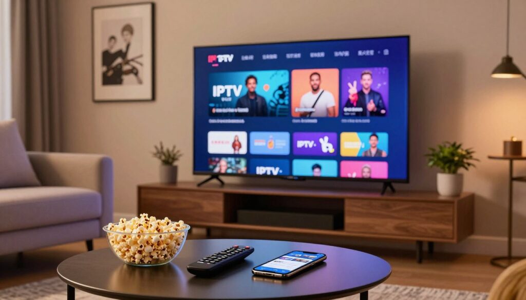 A sleek, modern living room showcasing a high-definition television with vibrant colors displaying the latest IPTV streaming service by IPTVVUK.COM. In the foreground, a stylish coffee table holds a remote control, popcorn, and a smartphone showing a user interface of an IPTV app. The middle ground features a comfortable sofa with cushions, creating a cozy atmosphere. Behind the TV, a wall art piece related to entertainment subtly hints at streaming themes. Soft, ambient lighting bathes the room, with warm tones enhancing the inviting feel, while a small potted plant adds a touch of freshness. The scene captures the essence of relaxation and modern technology, reflecting the high quality of IPTV streaming. A sleek, modern living room showcasing a high-definition television with vibrant colors displaying the latest IPTV streaming service by IPTVVUK.COM. In the foreground, a stylish coffee table holds a remote control, popcorn, and a smartphone showing a user interface of an IPTV app. The middle ground features a comfortable sofa with cushions, creating a cozy atmosphere. Behind the TV, a wall art piece related to entertainment subtly hints at streaming themes. Soft, ambient lighting bathes the room, with warm tones enhancing the inviting feel, while a small potted plant adds a touch of freshness. The scene captures the essence of relaxation and modern technology, reflecting the high quality of IPTV streaming.